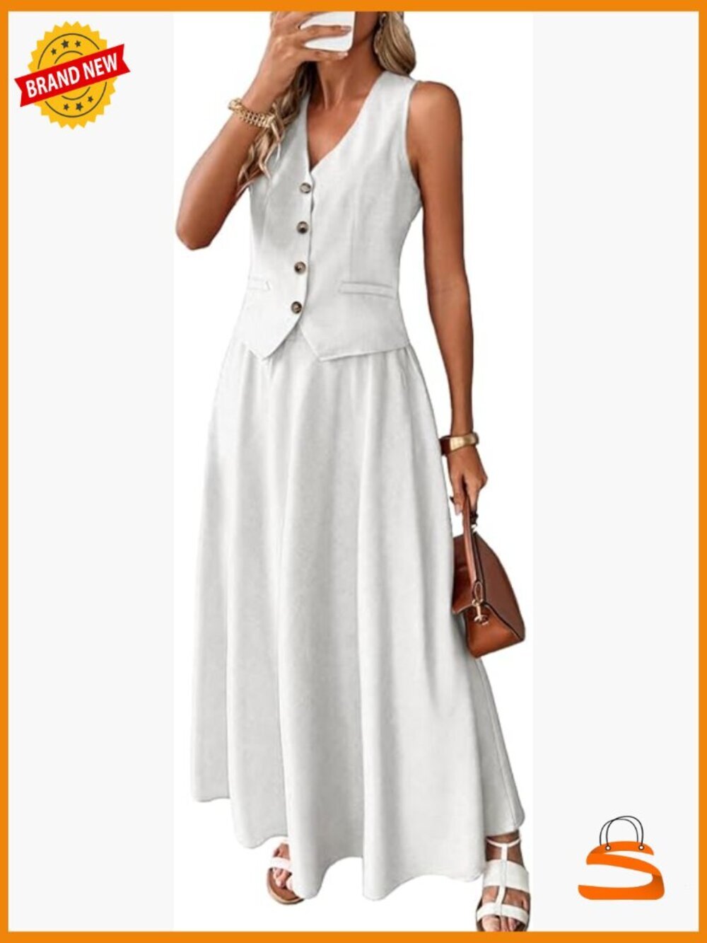 Linen V-Neck Vest & Flowy Maxi Skirt Set, Sleeveless, Elastic Waist